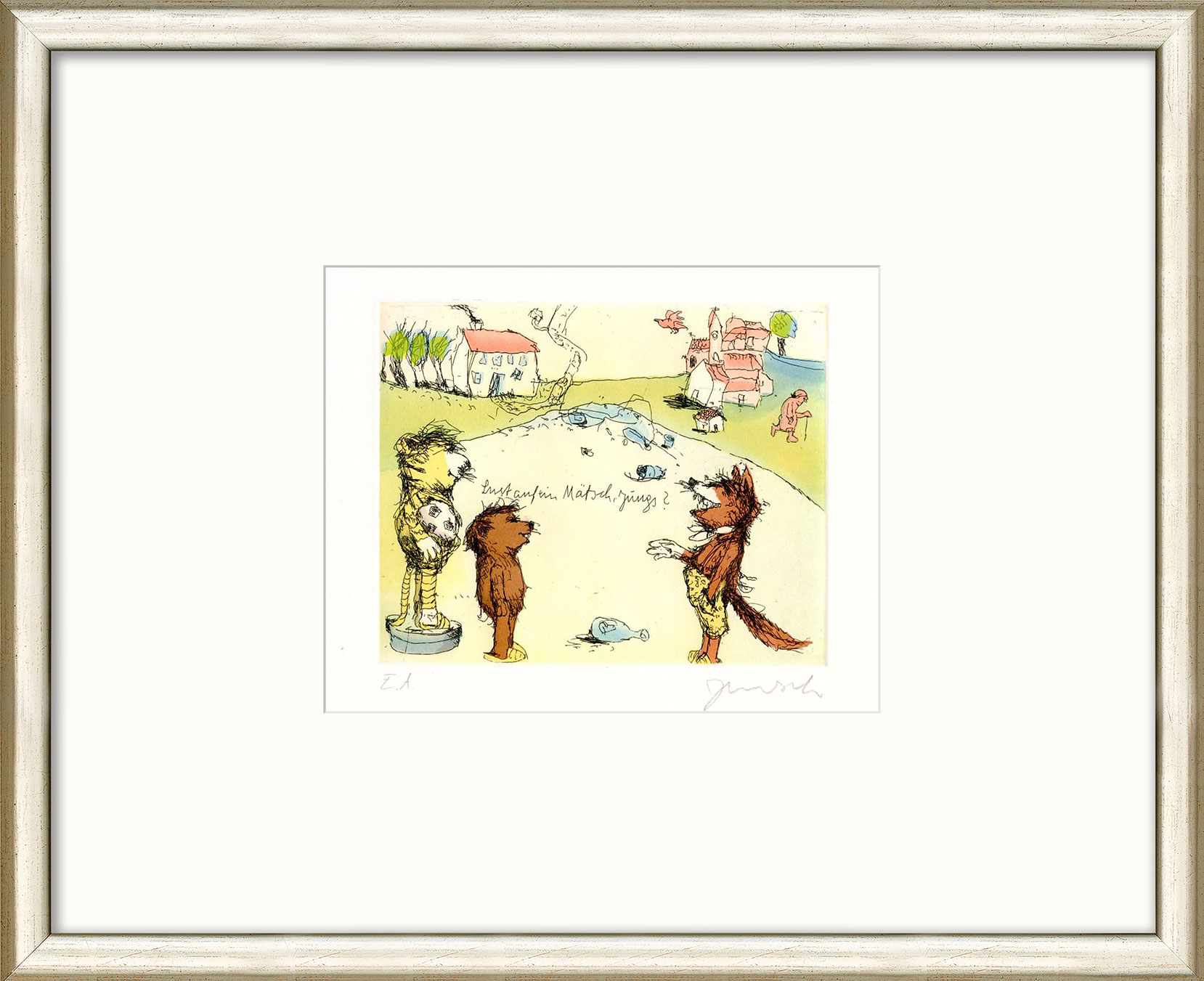 Janosch: Bild ‚Hallo Herr Fuchs wie geht’s denn so‘ (2016), gerahmt