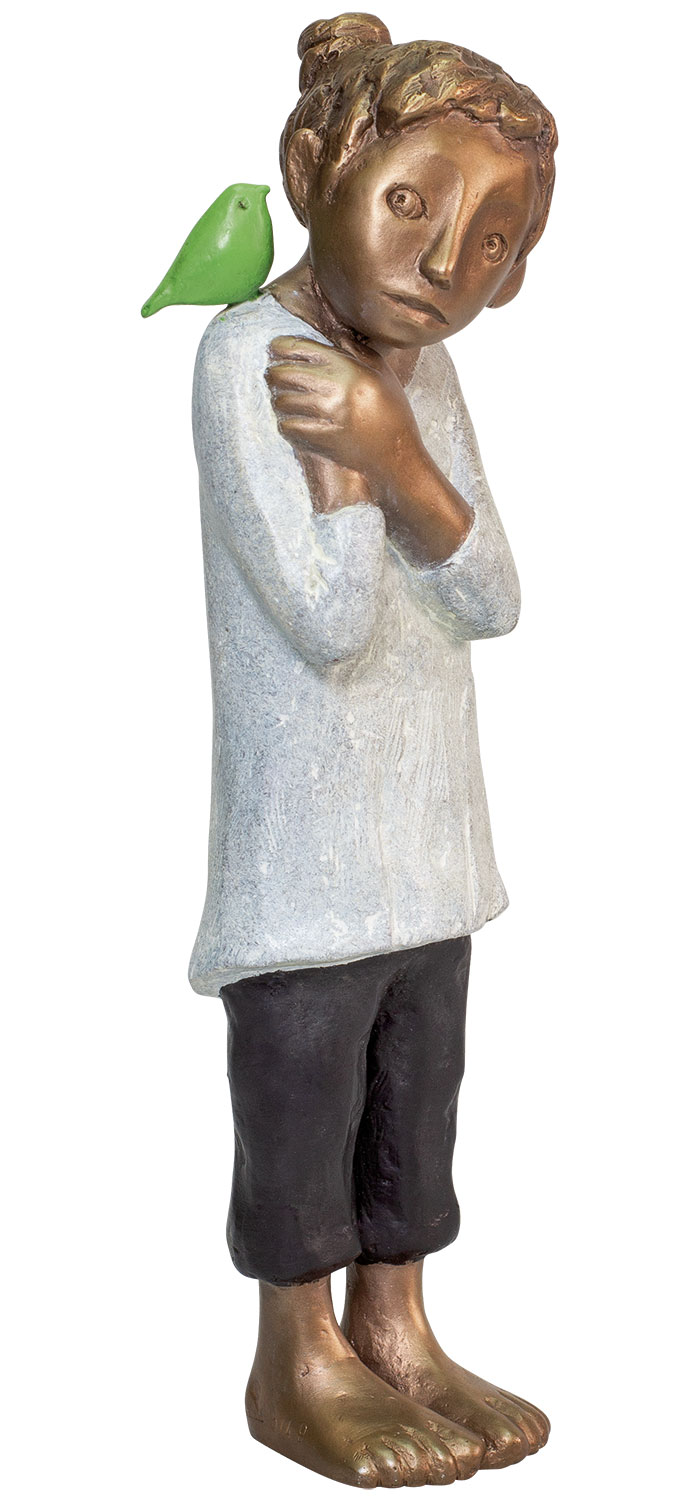 Tamara Suhr: Skulptur ‚Mädchen mit Vogel‘ (2024), Bronze