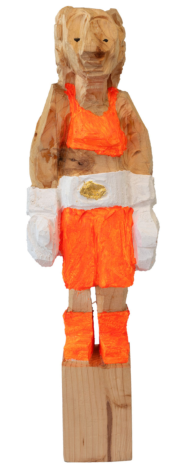 Jörg Herz: Holzskulptur ‚Boxerin Neon Orange‘ (2024) (Original / Unikat)