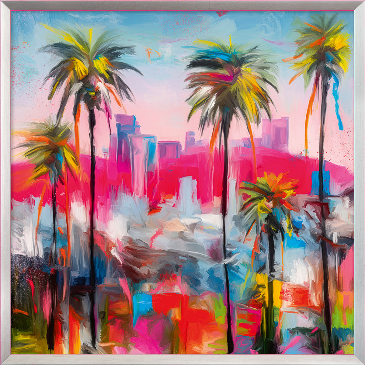 Holger Mühlbauer-Gardemin: Bild ‚Hollywood View‘ (2024), Version pinkfarben gerahmt