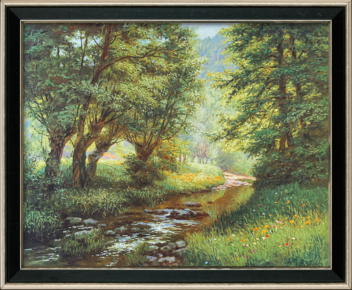 Wilhelm Schacht: Bild ‚Forellenbach im Frankenwald‘, Version schwarz-silberfarben gerahmt