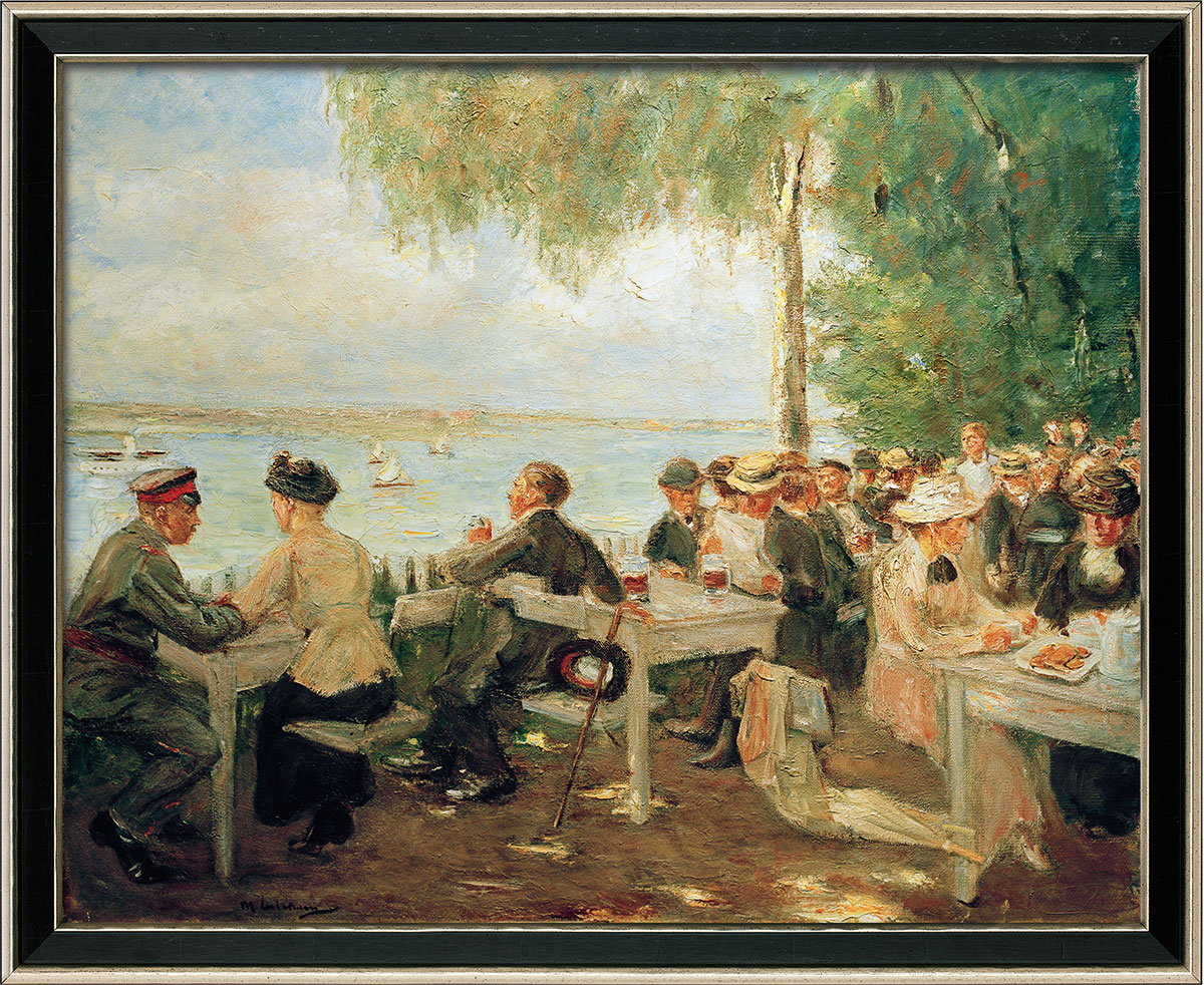 Max Liebermann: Bild ‚Gartenlokal an der Havel – Nikolskoe‘ (1916), Version schwarz-silberfarben gerahmt