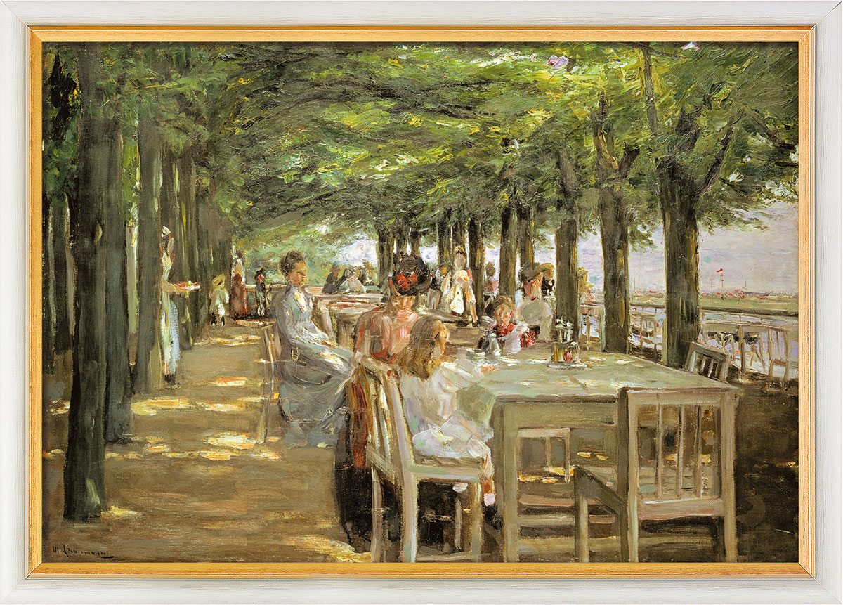 Max Liebermann: Bild ‚Terrasse im Restaurant Jacob‘ (1902-03), Version weiß-goldfarben gerahmt