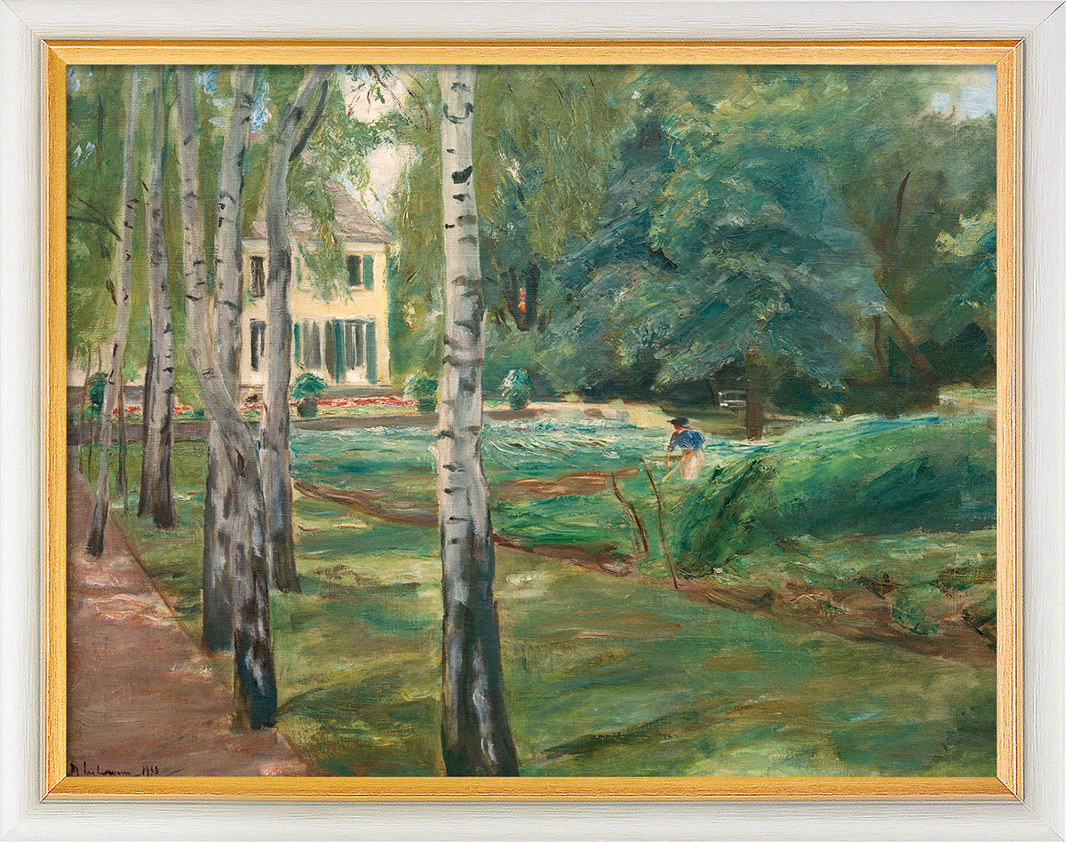 Max Liebermann: Bild ‚Die Birkenallee im Wannseegarten nach Westen‘ (1918), Version weiß-goldfarben gerahmt