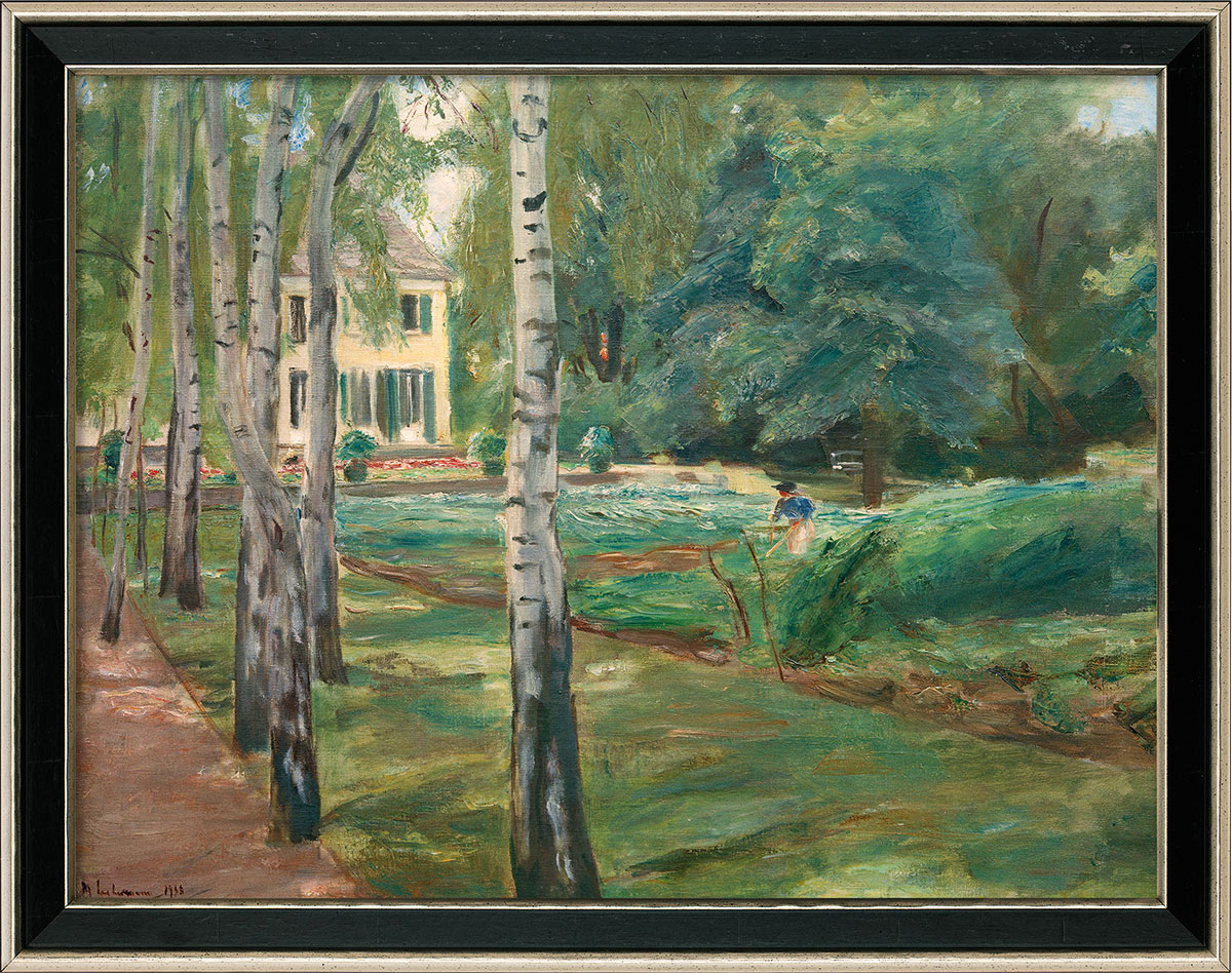 Max Liebermann: Bild ‚Die Birkenallee im Wannseegarten nach Westen‘ (1918), Version schwarz-silberfarben gerahmt