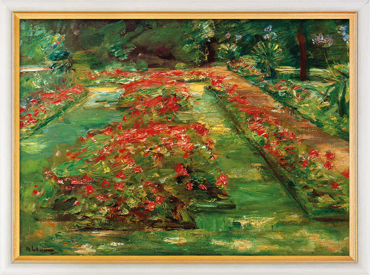 Max Liebermann: Bild ‚Die Blumenterrasse im Wannseegarten nach Norden‘ (1928), Version weiß-goldfarben gerahmt