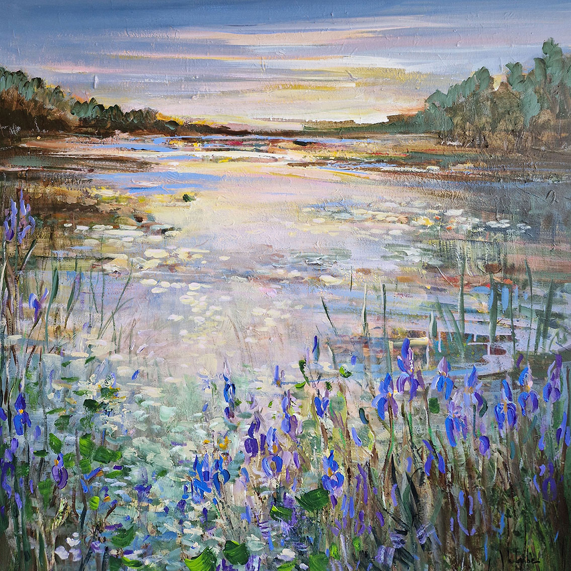 Irina Laube: Bild ‚Blue Irises at the Evening Pond‘ (2024) (Original / Unikat), auf Keilrahmen