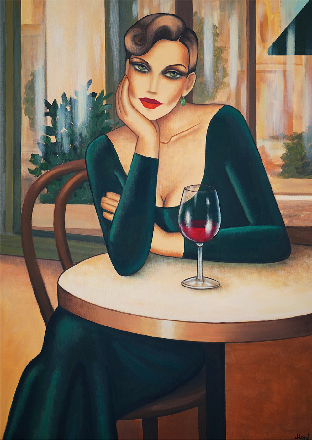 Ekaterina Moré: Bild ‚Vin Rouge – A Café Interlude‘ (2024) (Original / Unikat), auf Keilrahmen