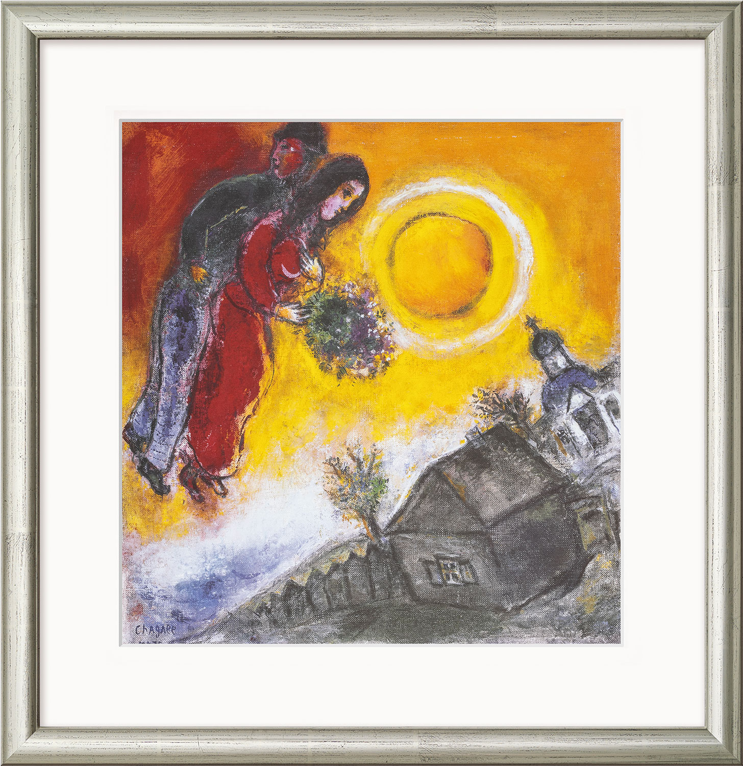 Marc Chagall: Bild ‚Paar am gelben Himmel‘ (1949), Version silberfarben gerahmt