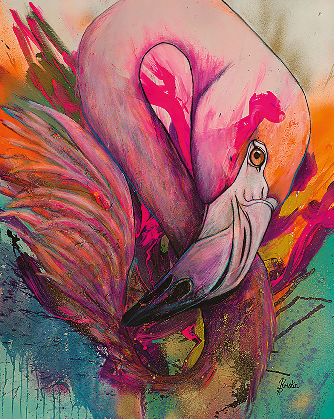 Kristin Preugschat: Bild ‚Flamingo Flora‘ (2025) (Original / Unikat), auf Keilrahmen