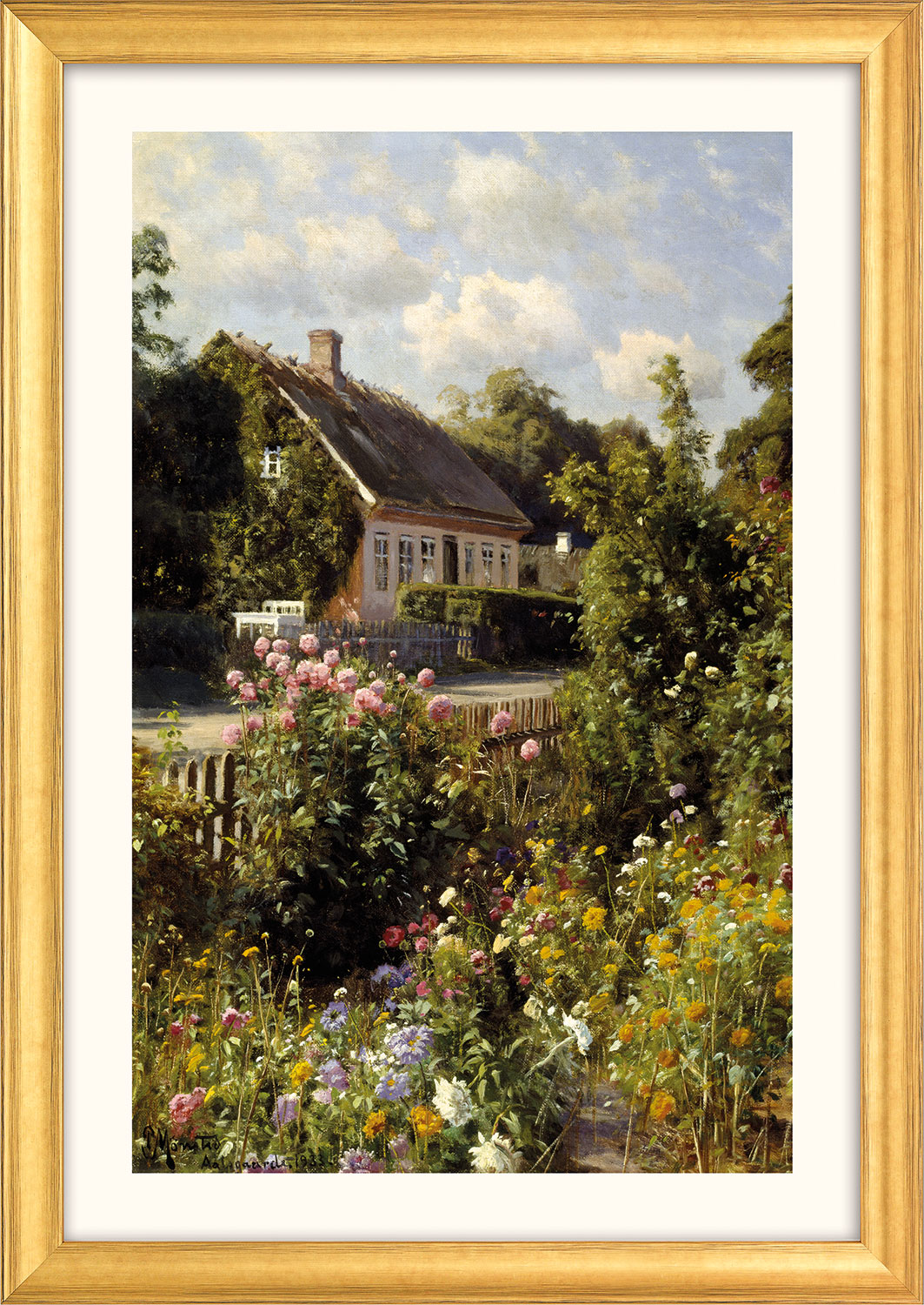 Peder Mork Mönsted: Bild ‚Blühender Vorgarten‘ (1933), Version goldfarben gerahmt