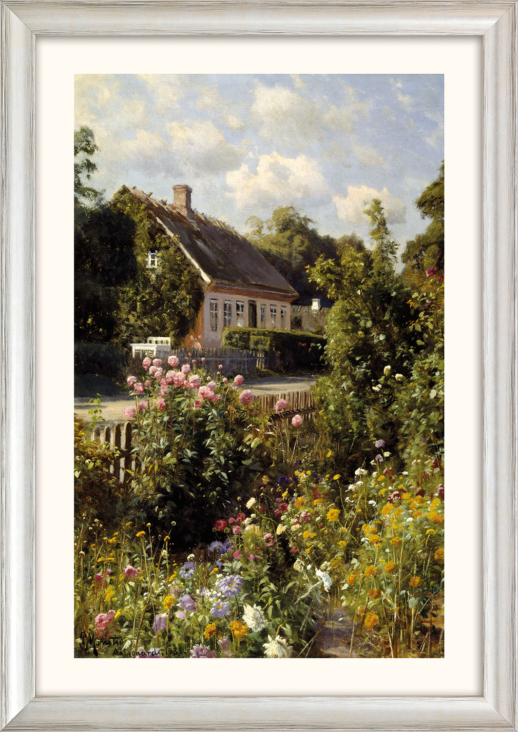 Peder Mork Mönsted: Bild ‚Blühender Vorgarten‘ (1933), Version silberfarben gerahmt