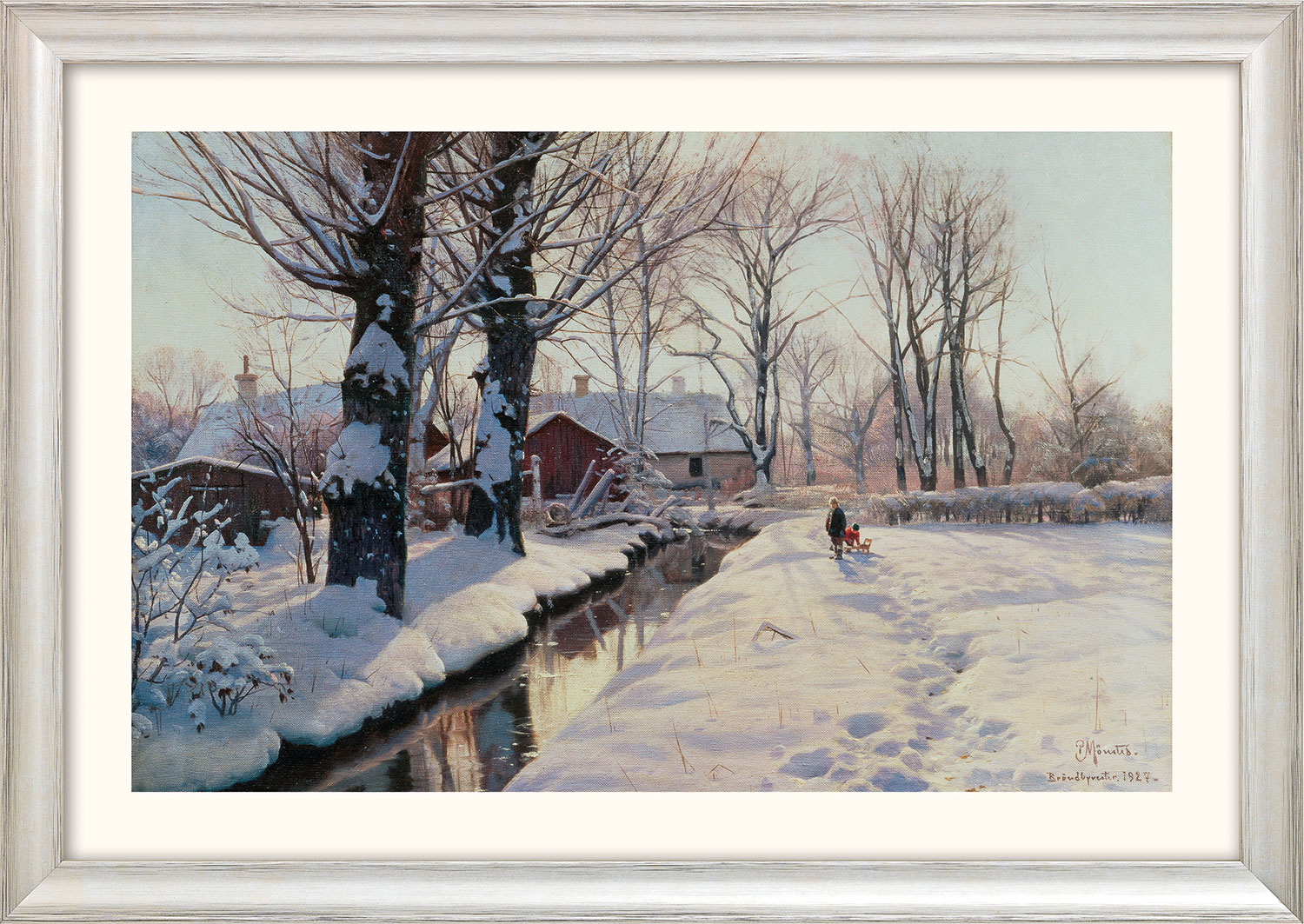 Peder Mork Mönsted: Bild ‚Winterlandschaft bei Brøndbyvester‘ (1927), Version silberfarben gerahmt