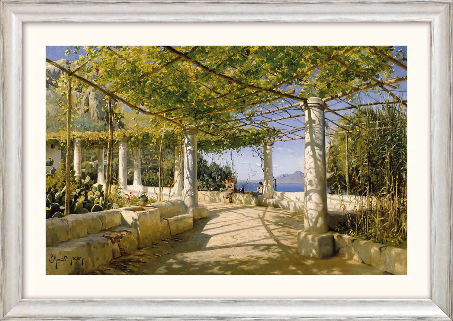 Peder Mork Mönsted: Bild ‚Pergola auf Capri mit Blick auf den Vesuv‘ (1889), Version silberfarben gerahmt