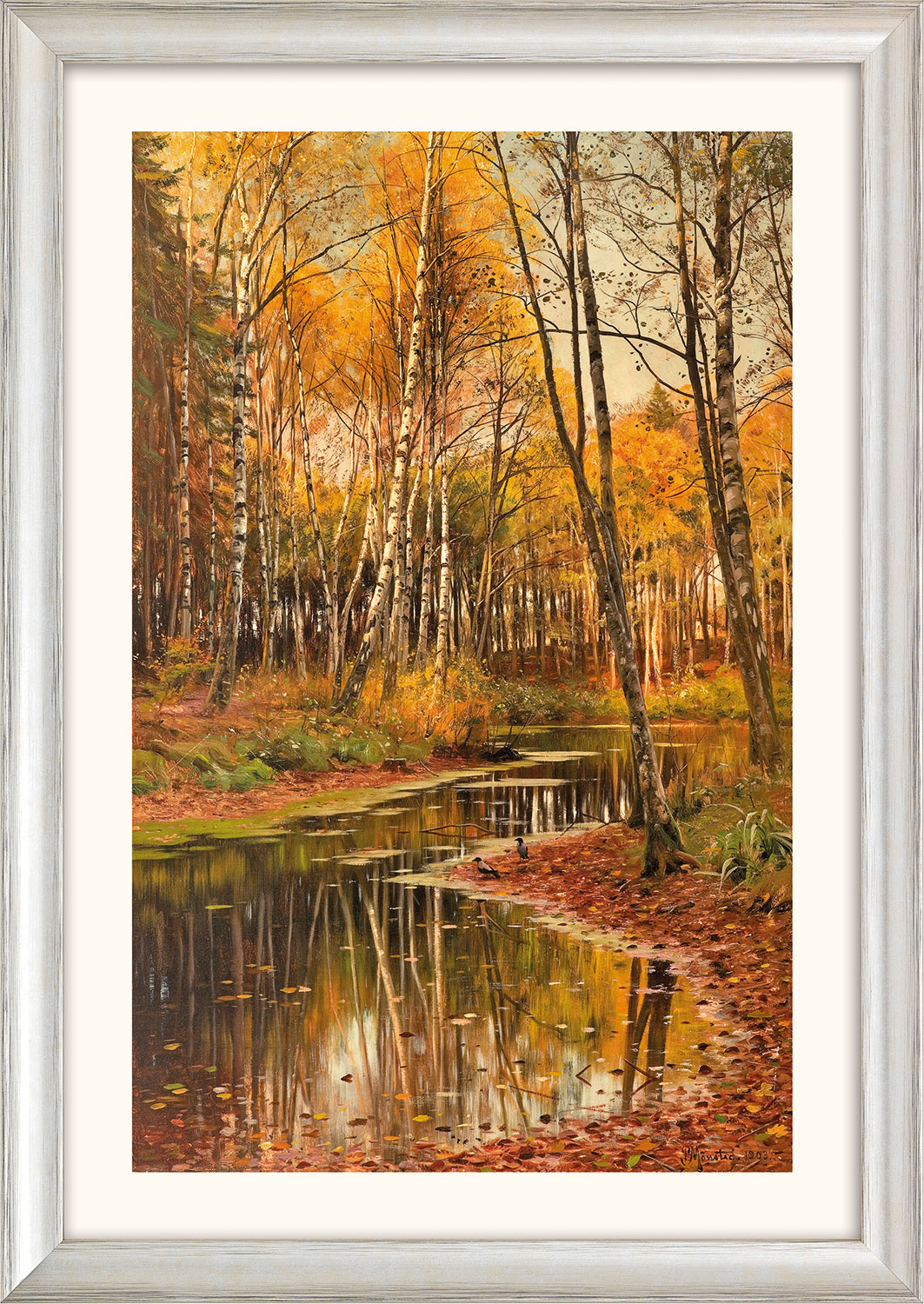 Peder Mork Mönsted: Bild ‚Birkenwald im Herbstlicht‘ (1903), Version silberfarben gerahmt