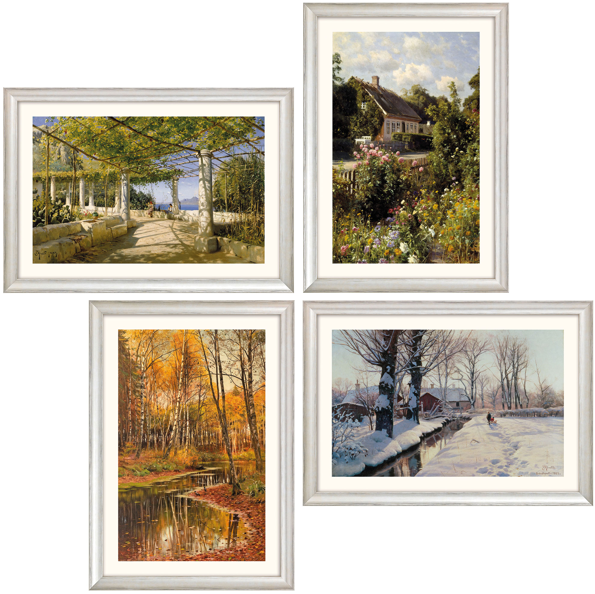Peder Mork Mönsted: 4 Landschaftsbilder (1889-1933) im Set, Version silberfarben gerahmt