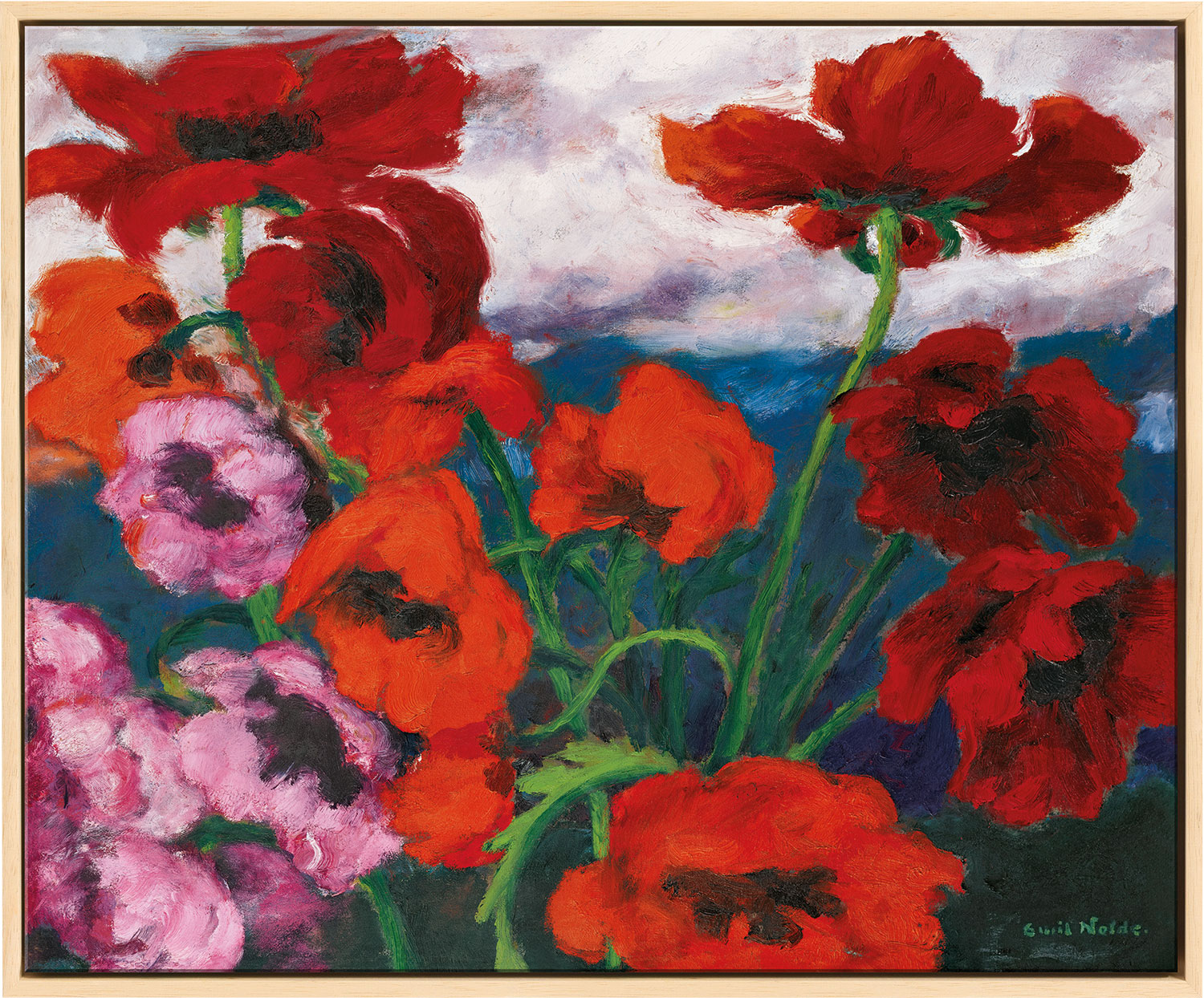 Emil Nolde: Bild ‚Großer Mohn (Rot, Rot, Rot)‘ (1942, Originalgröße), Version naturfarben gerahmt
