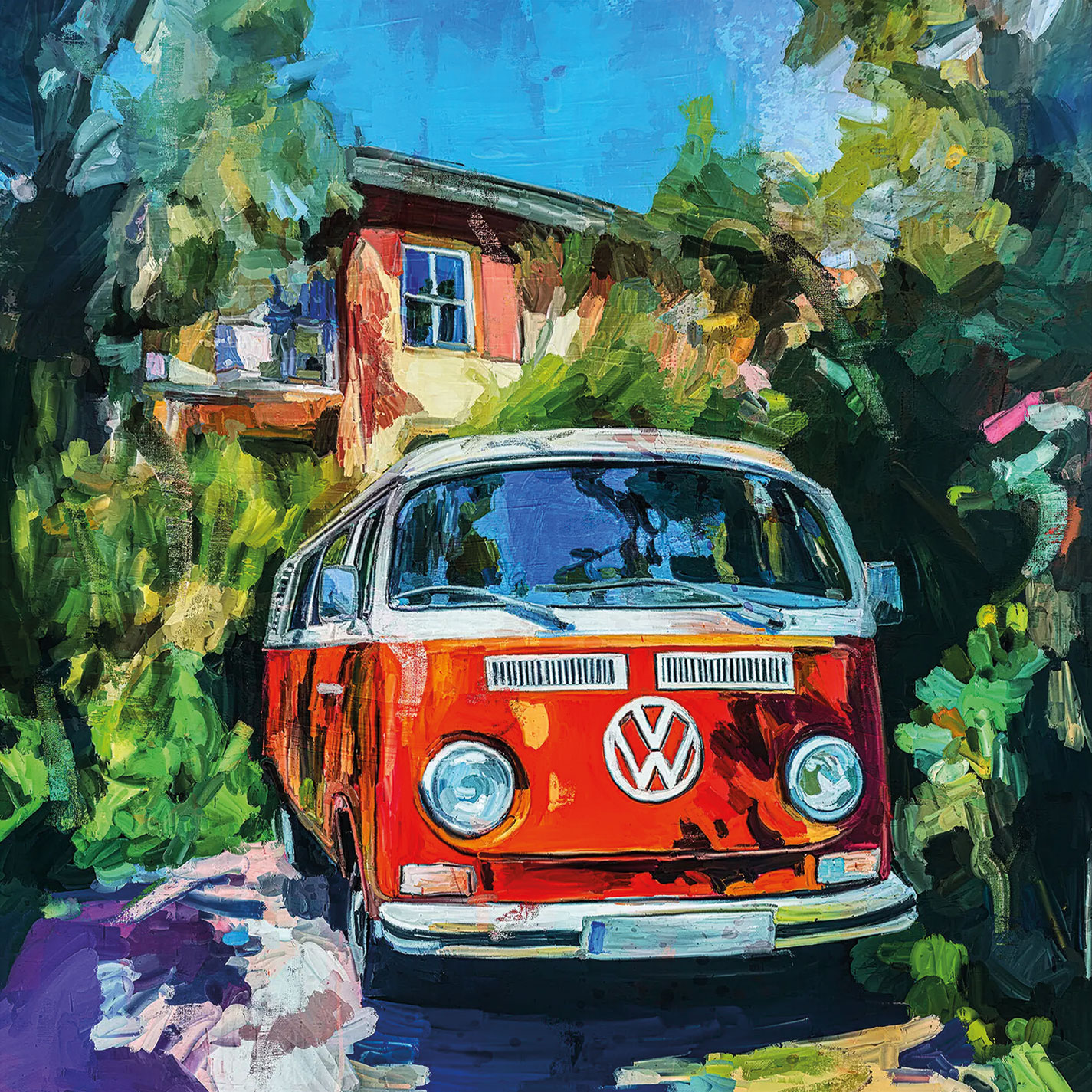 Holger Mühlbauer-Gardemin: Bild ‚In den Urlaub mit dem VW Bulli‘ (2025) (Original / Unikat), auf Keilrahmen