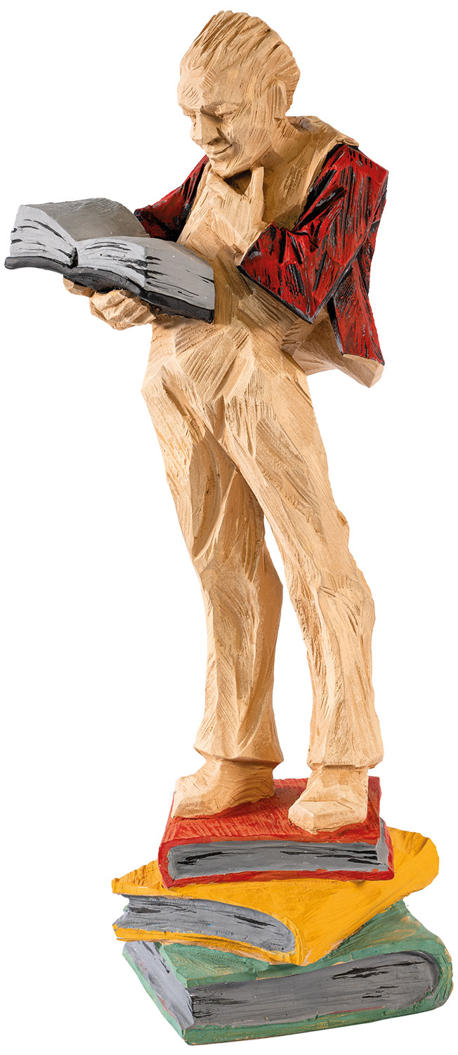 Roman Johann Strobl: Holzskulptur ‚Buchleser‘, Kunstguss Holzoptik