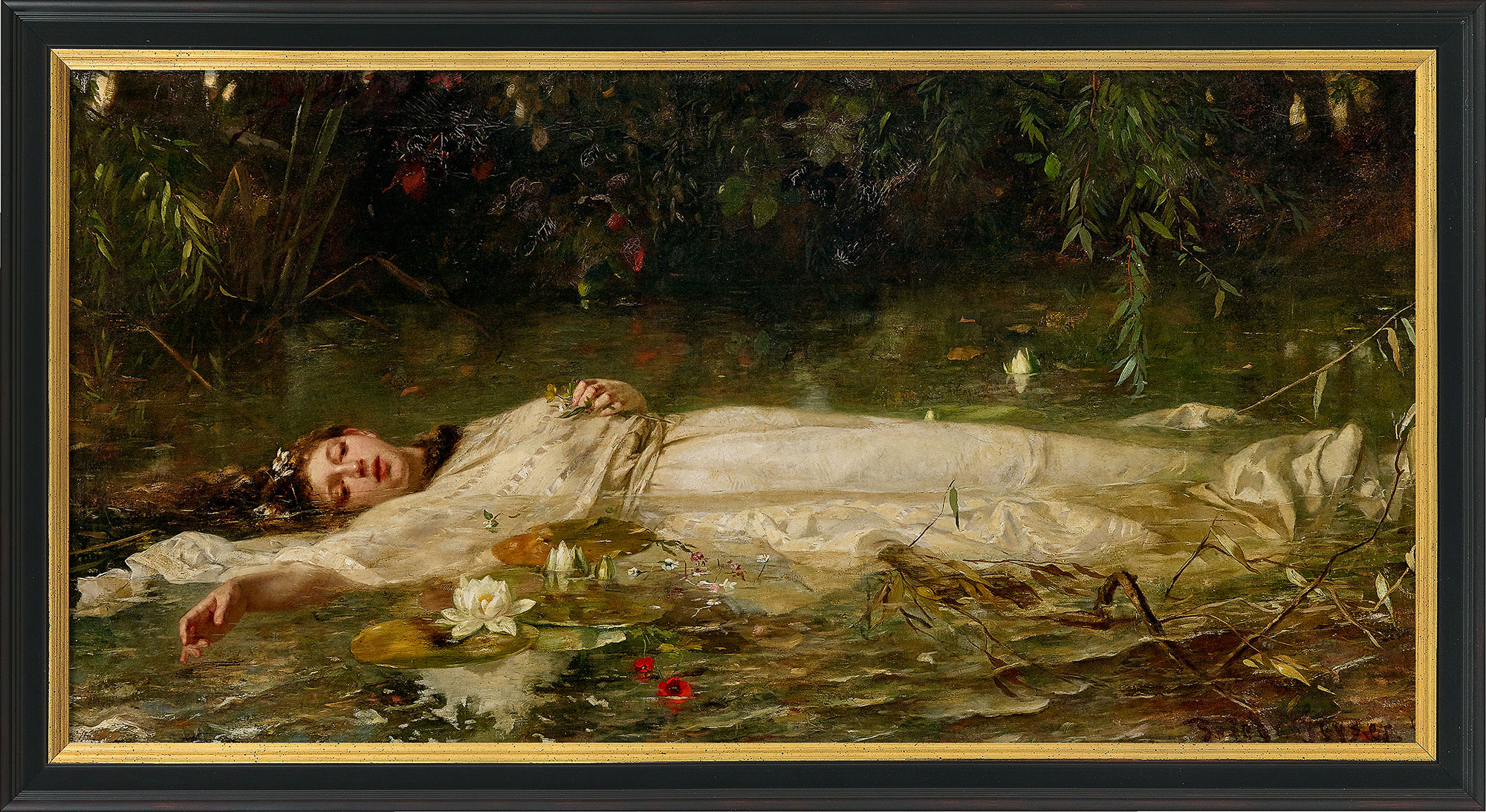 Friedrich Heyser: Bild ‚Ophelia‘ (um 1900), Version schwarz-goldfarben gerahmt