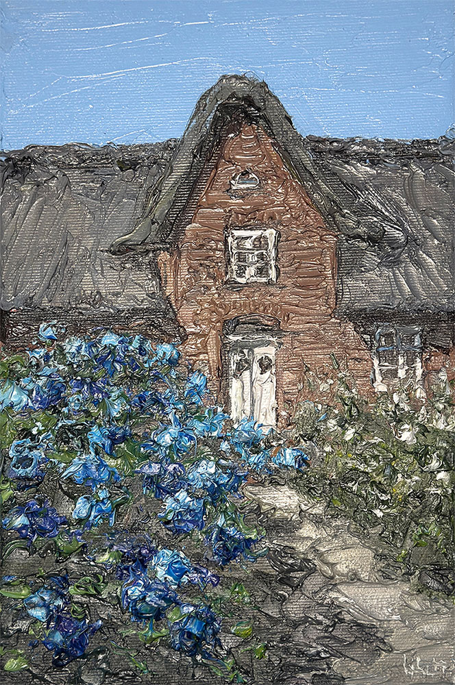 Peter Witt: Bild ‚Friesenhaus mit Rhododendren‘ (2025) (Original / Unikat), auf Keilrahmen