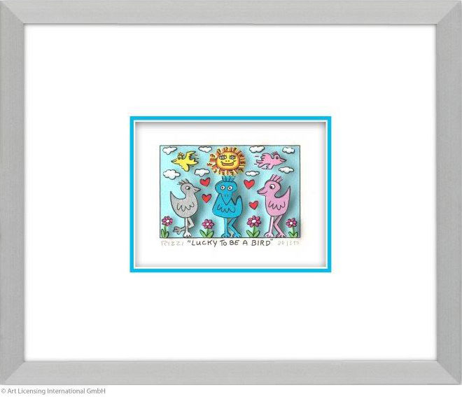 James Rizzi: 3D-Bild ‚LUCKY TO BE A BIRD‘ (2025), gerahmt