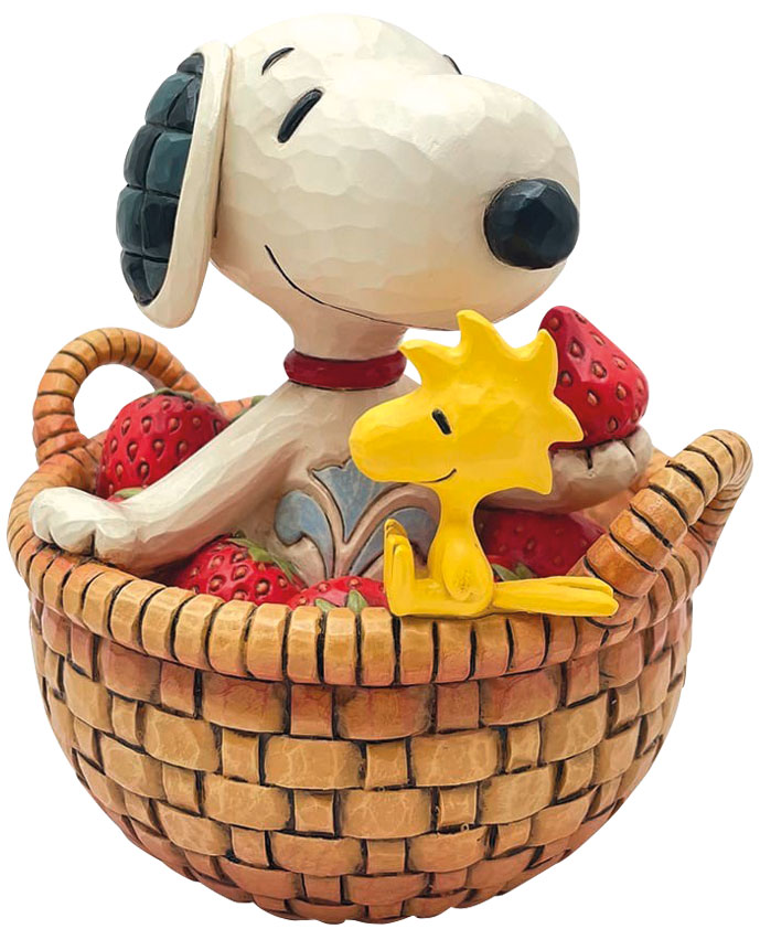 Jim Shore: Dekofigur ‚Snoopy und Woodstock im Erdbeerkorb‘, Kunstguss