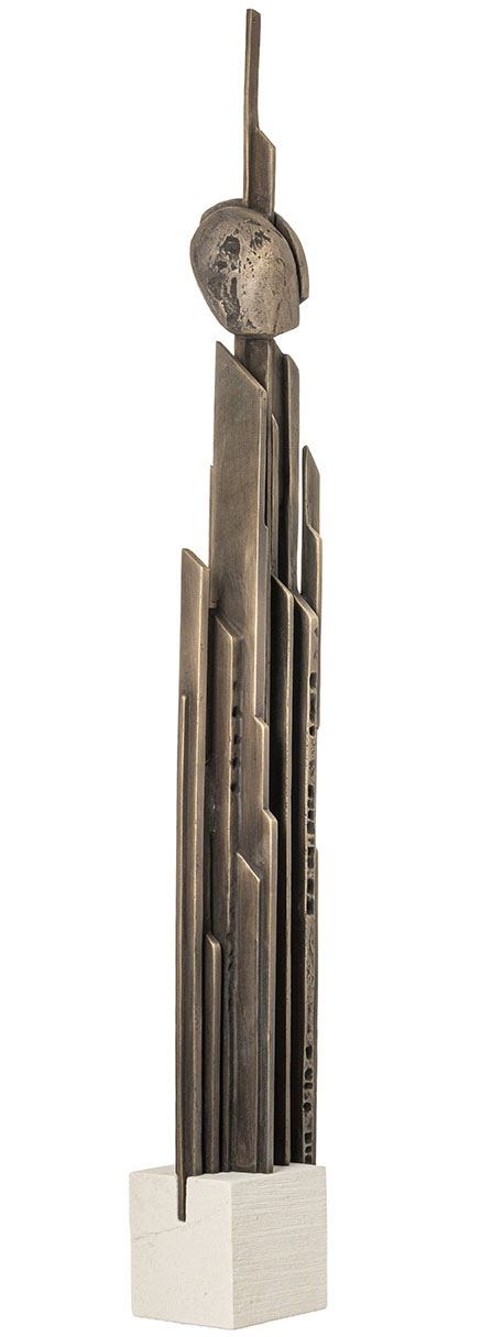Guy Buseyne: Skulptur ‚Lineair‘, Bronze auf Stein