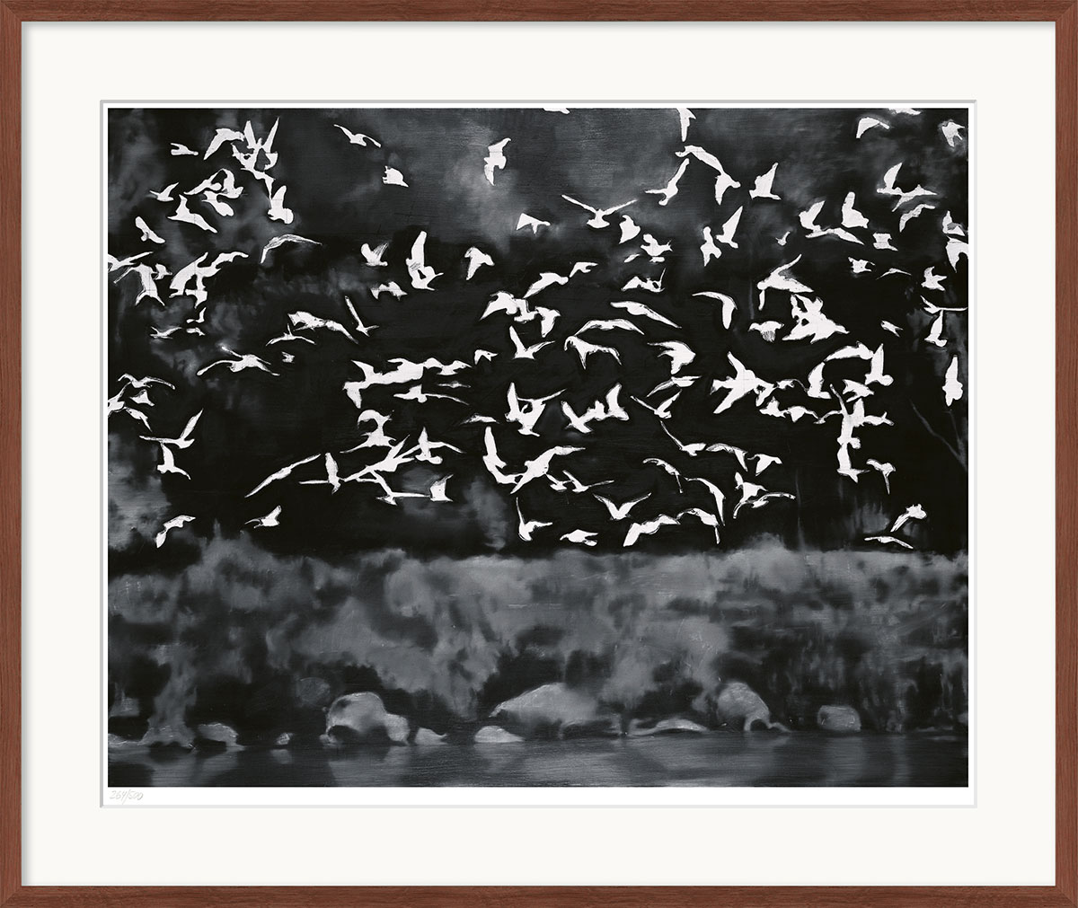 Gerhard Richter: Bild ‚Vögel‘ (1964), Version dunkelbraun gerahmt