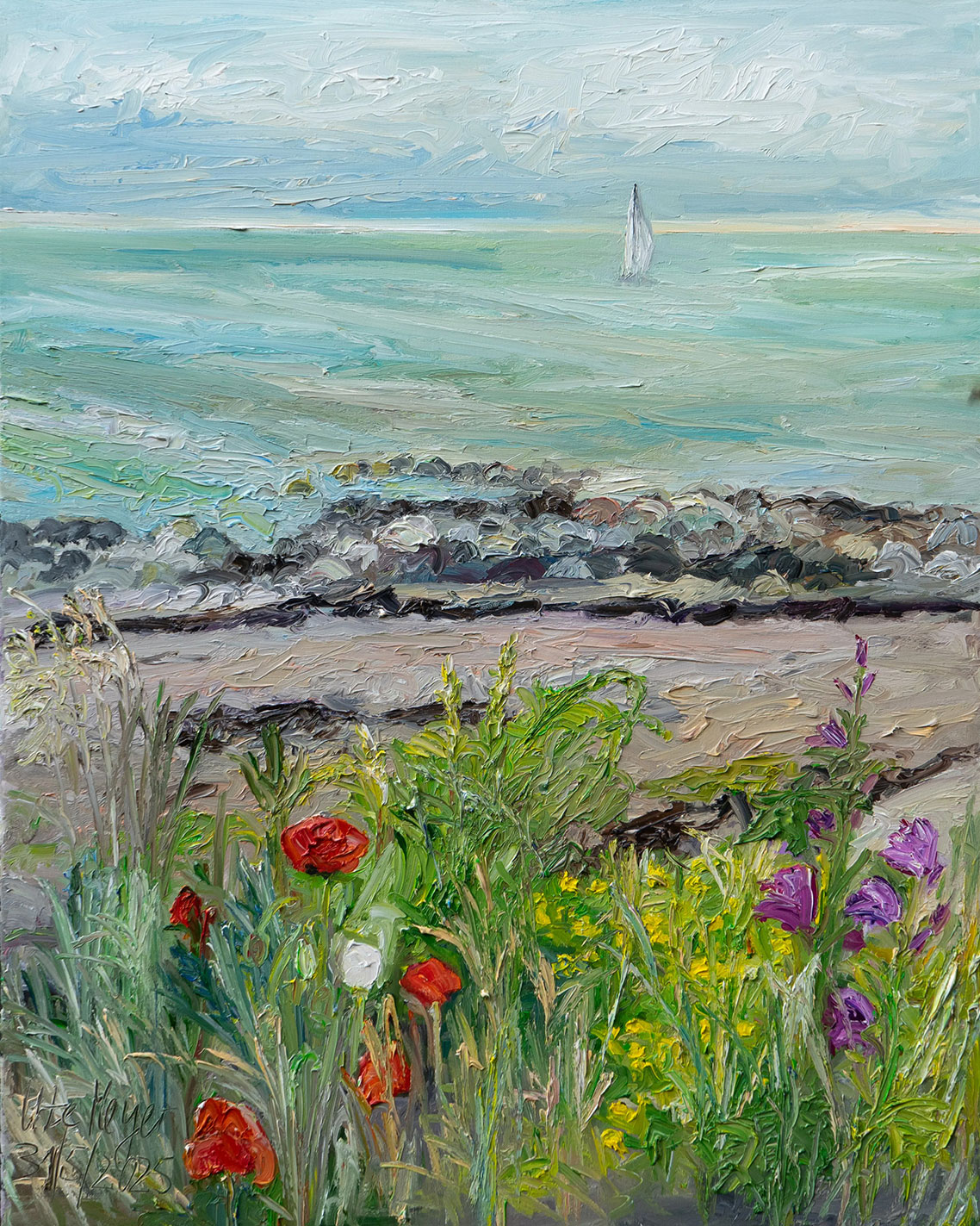 Ute Meyer: Bild ‚Wiesenblumen am Meer / Vejsnæs / Ærø‘ (2025) (Original / Unikat), auf Keilrahmen