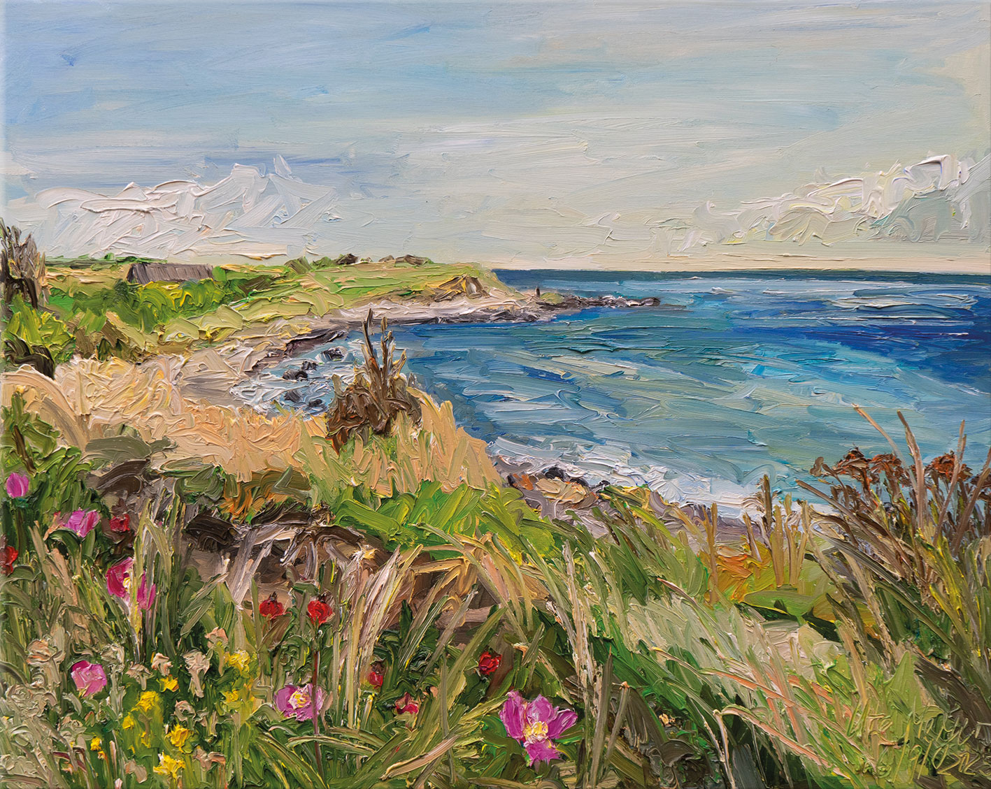 Ute Meyer: Bild ‚Heckenrosen am Meer / Vejsnæs / Ærø‘ (2025), auf Keilrahmen