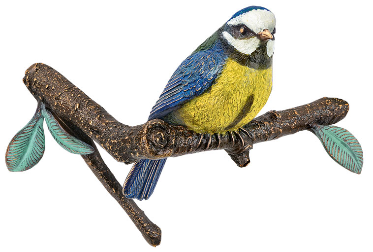 Gartenobjekt / Wandskulptur ‚Blaumeise auf Ast‘, Bronze