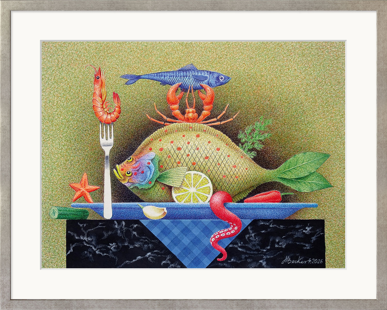 Michael Becker: Bild ‚Piatto di Pesce‘ (2026) (Original / Unikat), gerahmt