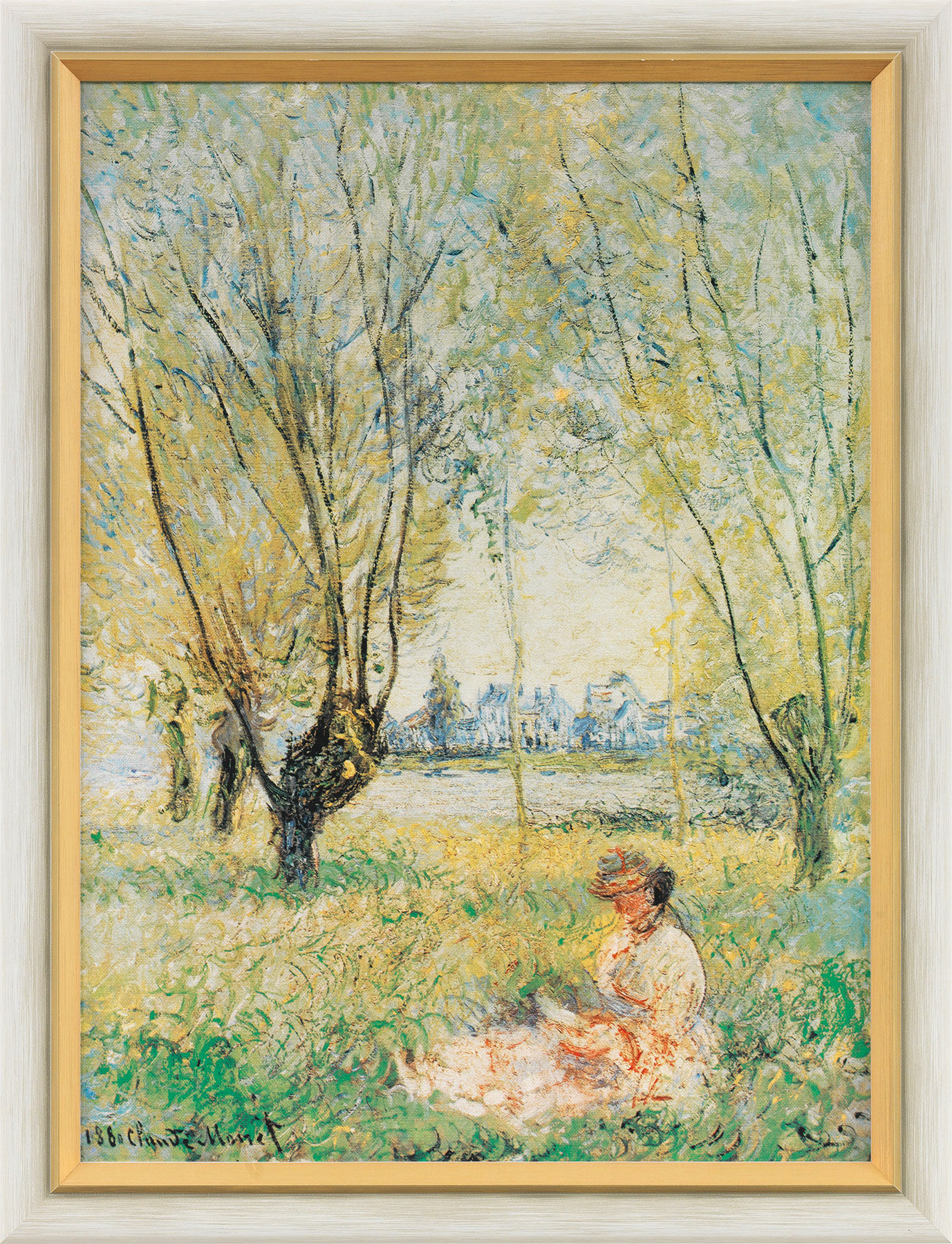 Billede "Kvinde siddende under piletræerne" (1880), indrammet von Claude Monet