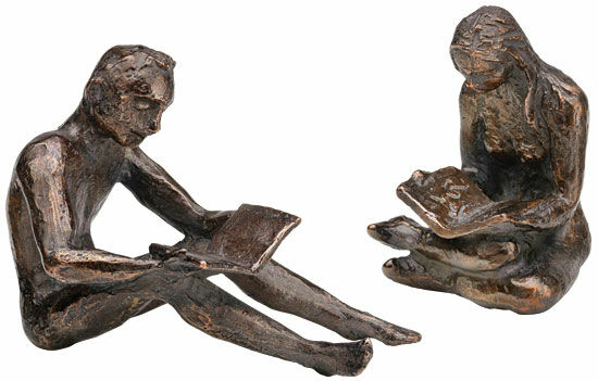 Sculpture pair "Book Reader (male) & Book Reader (female)", cast metal by Birgit Stauch