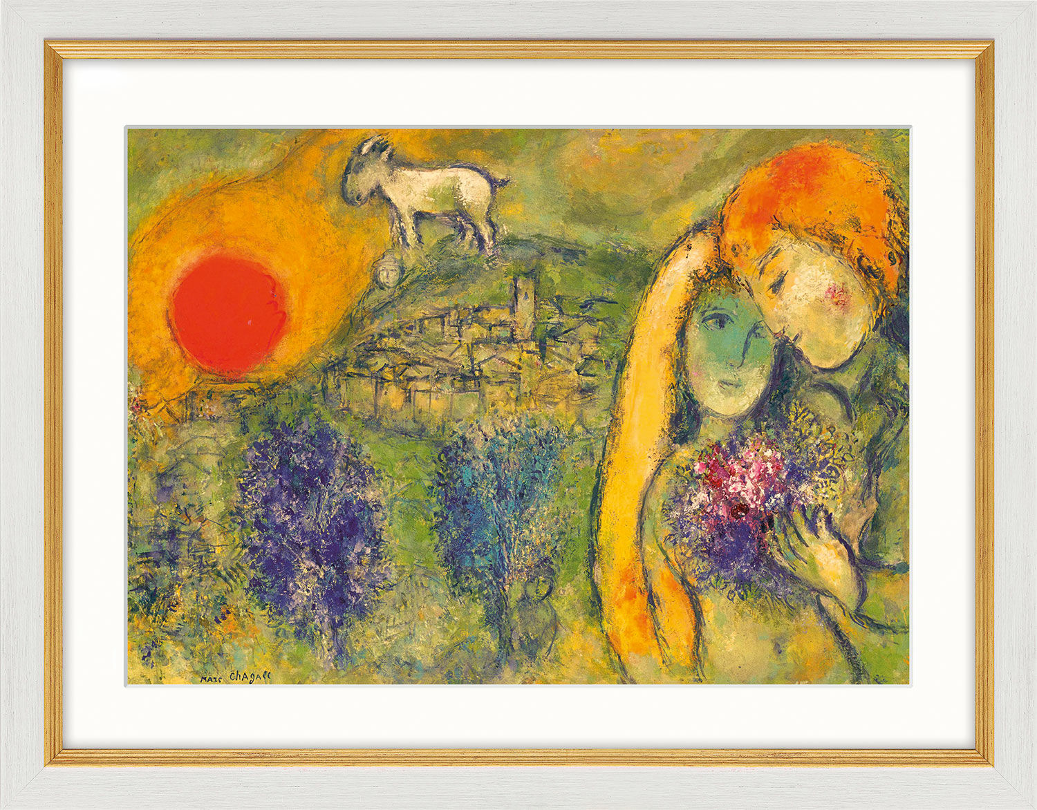 Billedet "The Lovers of Vence (Les Amoureux de Vence)" (1957), hvid og gylden indrammet version von Marc Chagall