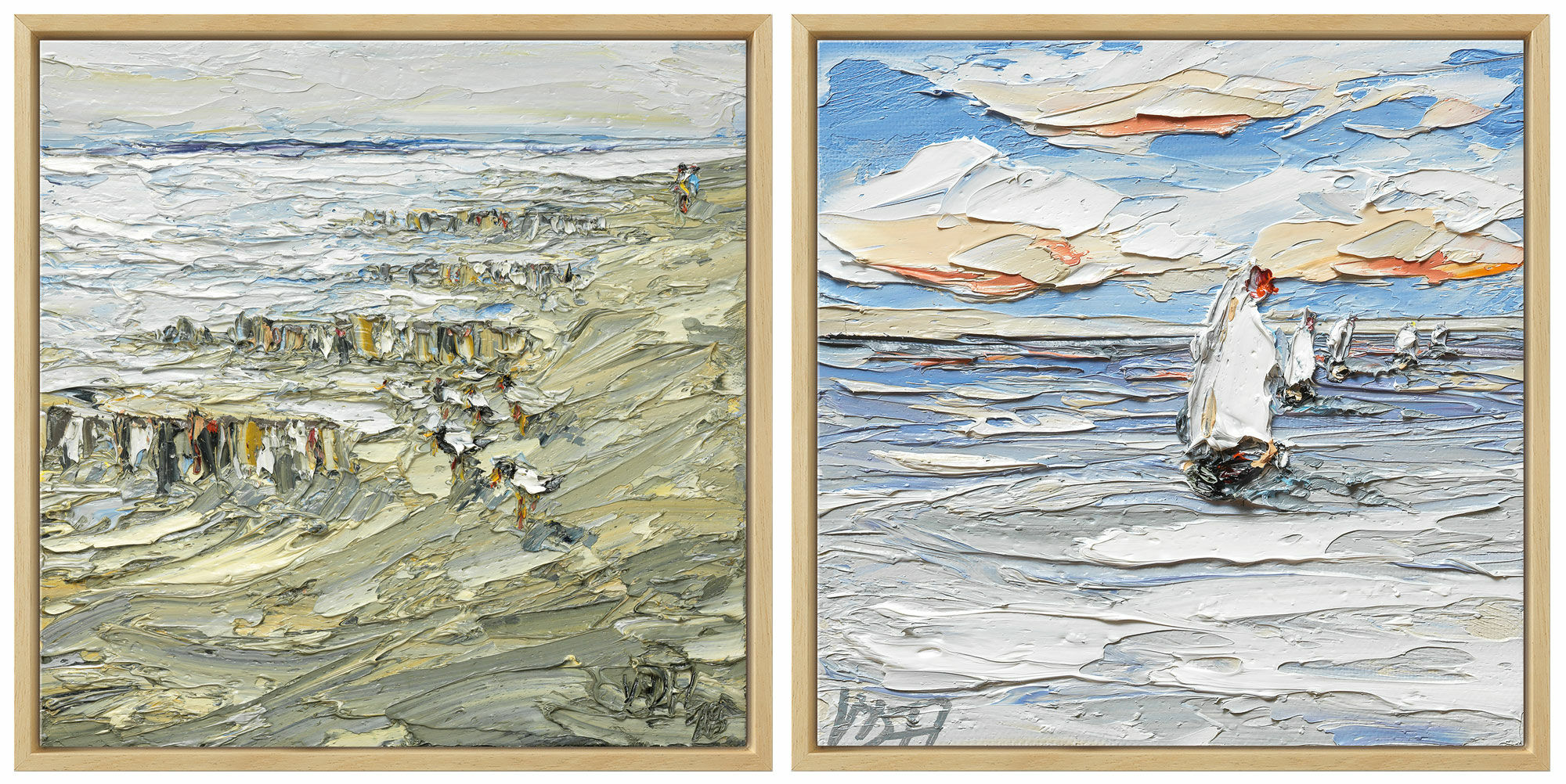 Set of 2 pictures "Beach Walk after Storm" (2018) and "Sailing Boats II" (2016), natural framed version by Nikolaus von der Assen