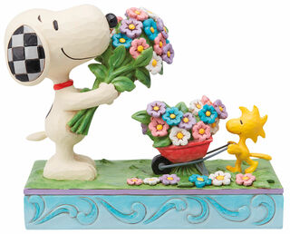 Sculptuur "Snoopy en Woodstock plukken bloemen", gegoten