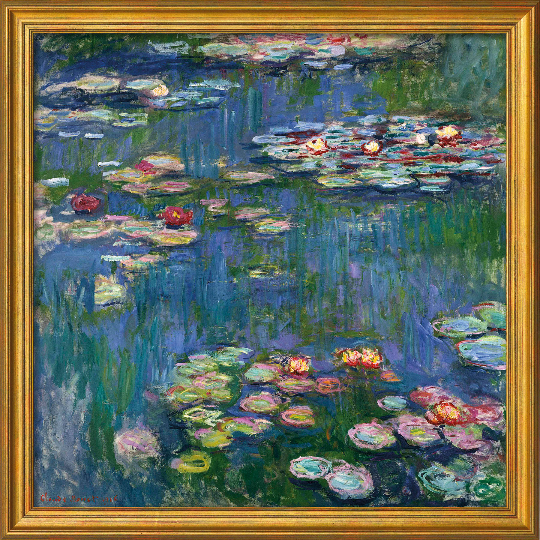 Billedet "Water Lilies" (1916), gylden indrammet version von Claude Monet