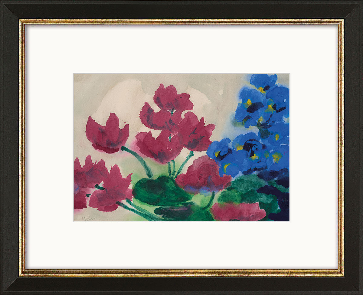 Quadro "Ciclamini e iris" (1952/55), versione con cornice nera e dorata di Emil Nolde