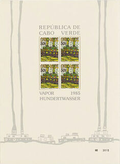 Tableau "Vapor - The Cabo Verde Steamer". Édition spéciale avec 4 timbres à 50 Escudos, jaune von Friedensreich Hundertwasser