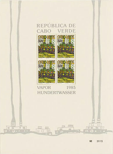 Billede "Vapor - The Cabo Verde Steamer". Specialudgave med 4 frimærker à 50 Escudos, gul von Friedensreich Hundertwasser