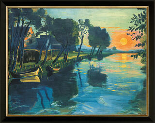 Bild "Die ersten Sonnenstrahlen am Mühlengraben" (um 1934), Version schwarz-goldfarben gerahmt von Max Pechstein