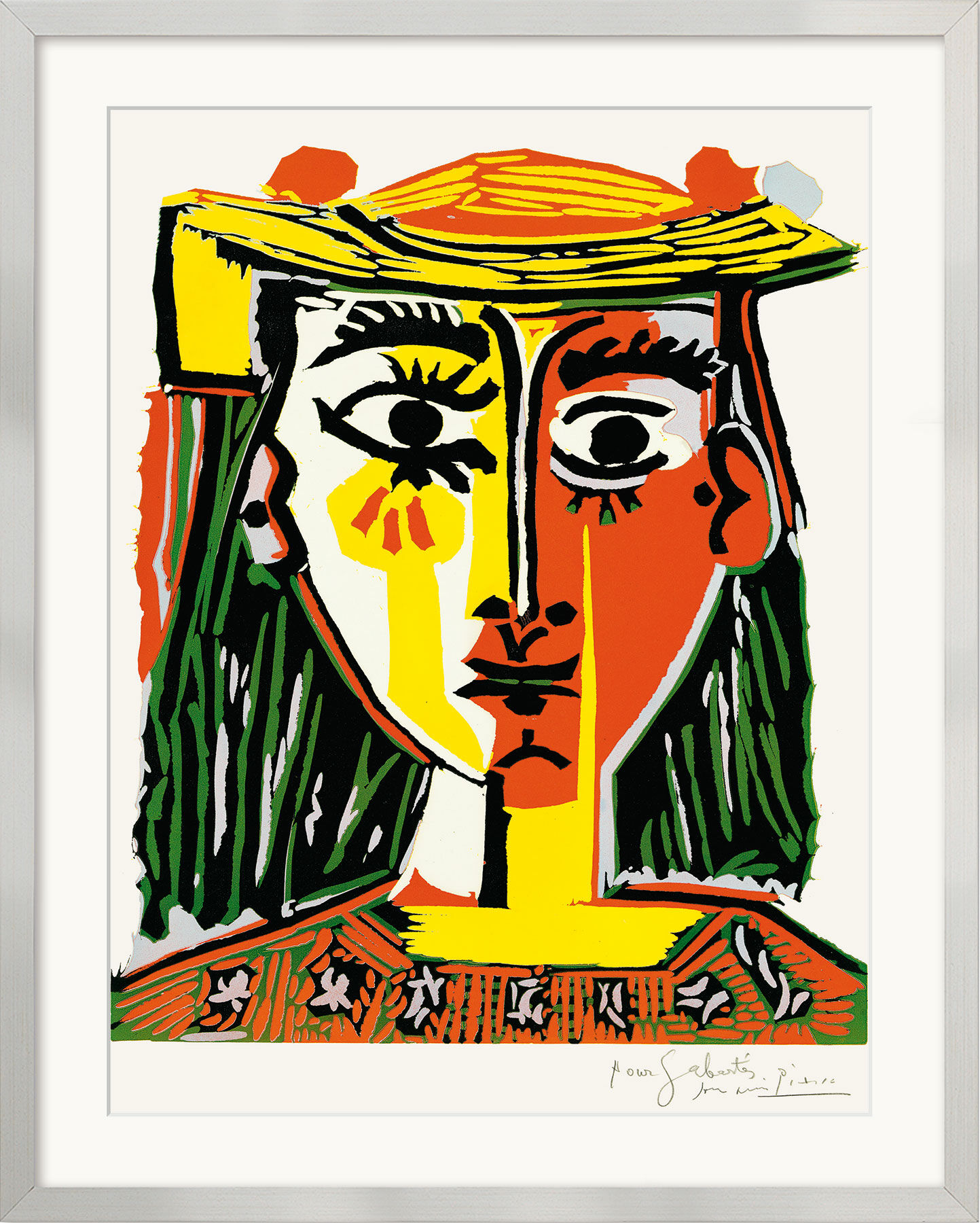Bild "Frau mit Pompom-Hut und einer bedruckten Bluse" (1962), gerahmt von Pablo Picasso