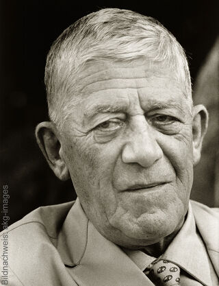 Photographie historique en noir et blanc, prise en gros plan, de l'artiste et peintre expressionniste autrichien Oskar Kokoschka, vêtu d'un costume et d'une cravate à motifs.