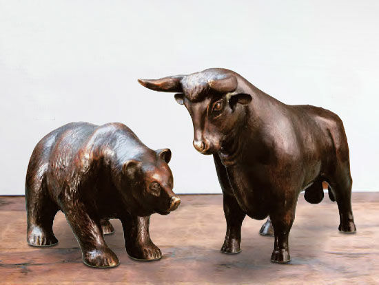 Sculpture pair "Bull and Bear", bonded bronze version by Roman