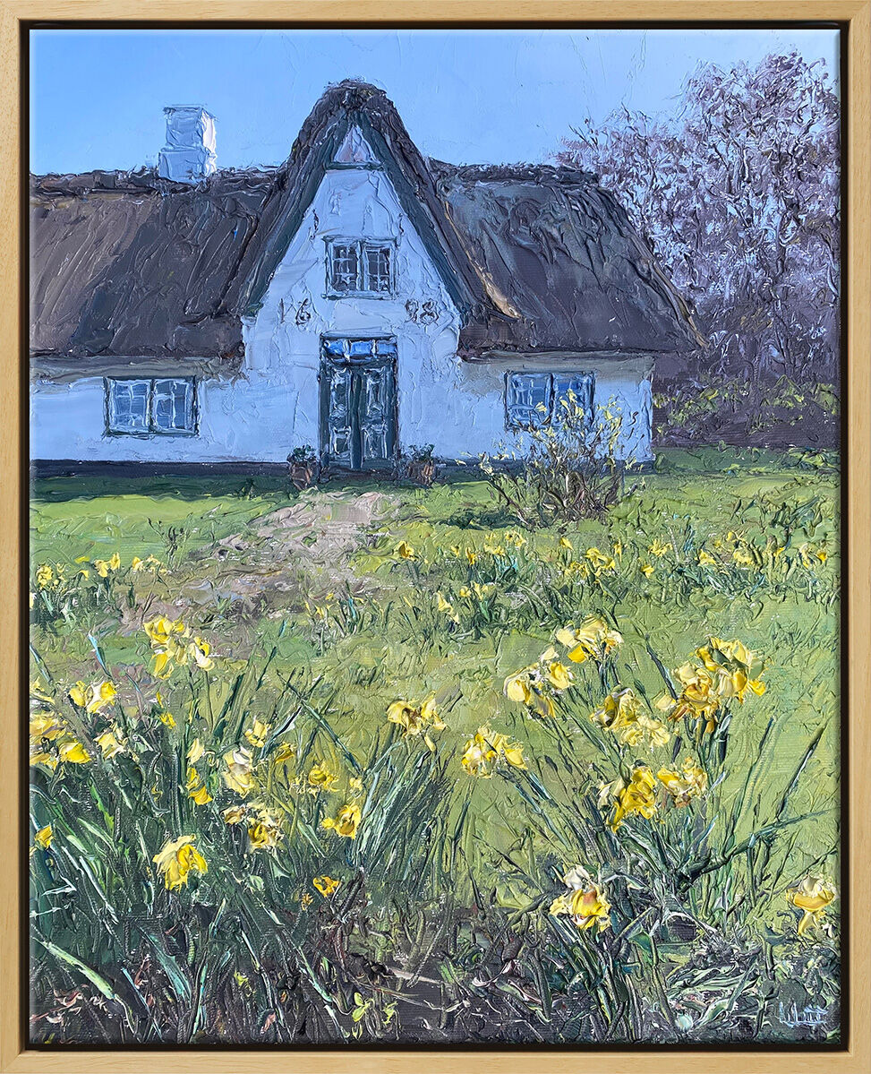 Picture "Daffodils in Front of the Frisian House" (2024) (Original / Unique piece), framed by Peter Witt