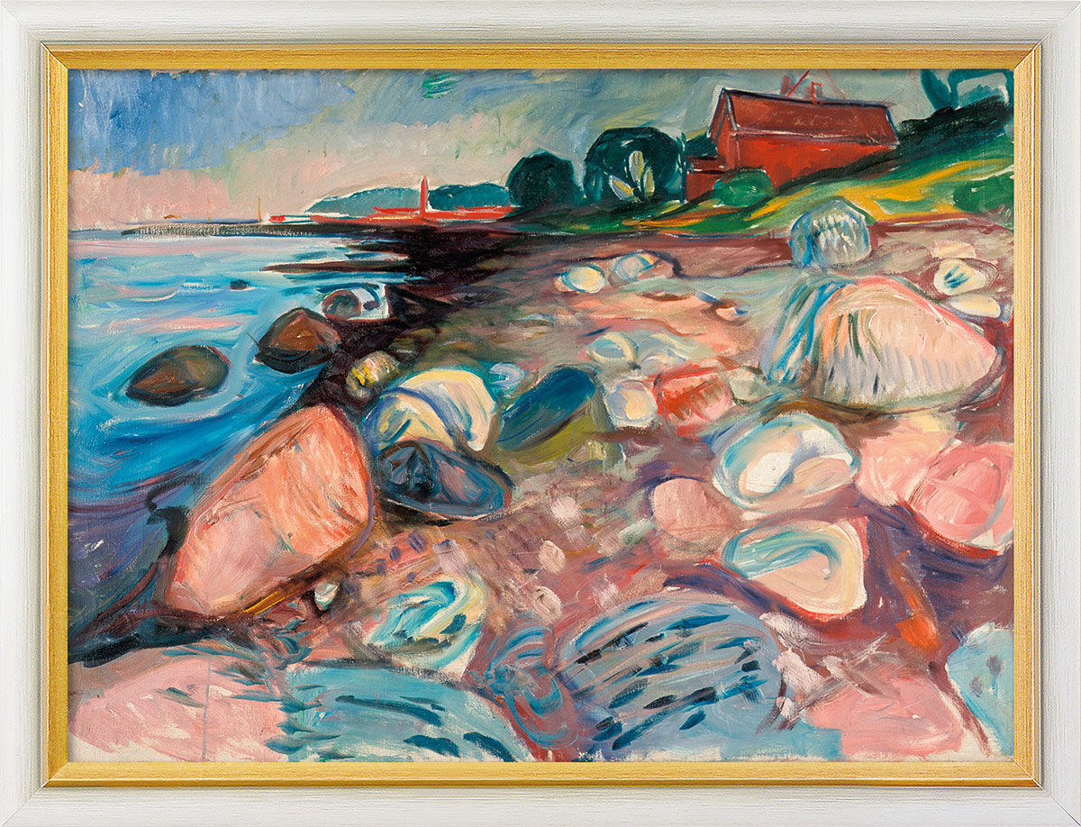 Billedet "Strand" (1904), hvid og gylden indrammet version af Edvard Munch