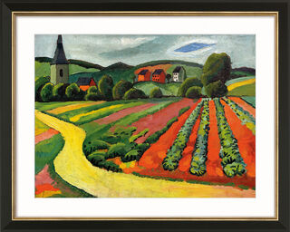 Picture "Landscape with Church and Path" (1911), black and golden framed version by August Macke