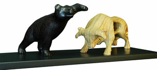 2-delige sculptuur "Bull and Bear" (2023) (Origineel / Uniek stuk), hout op paneel